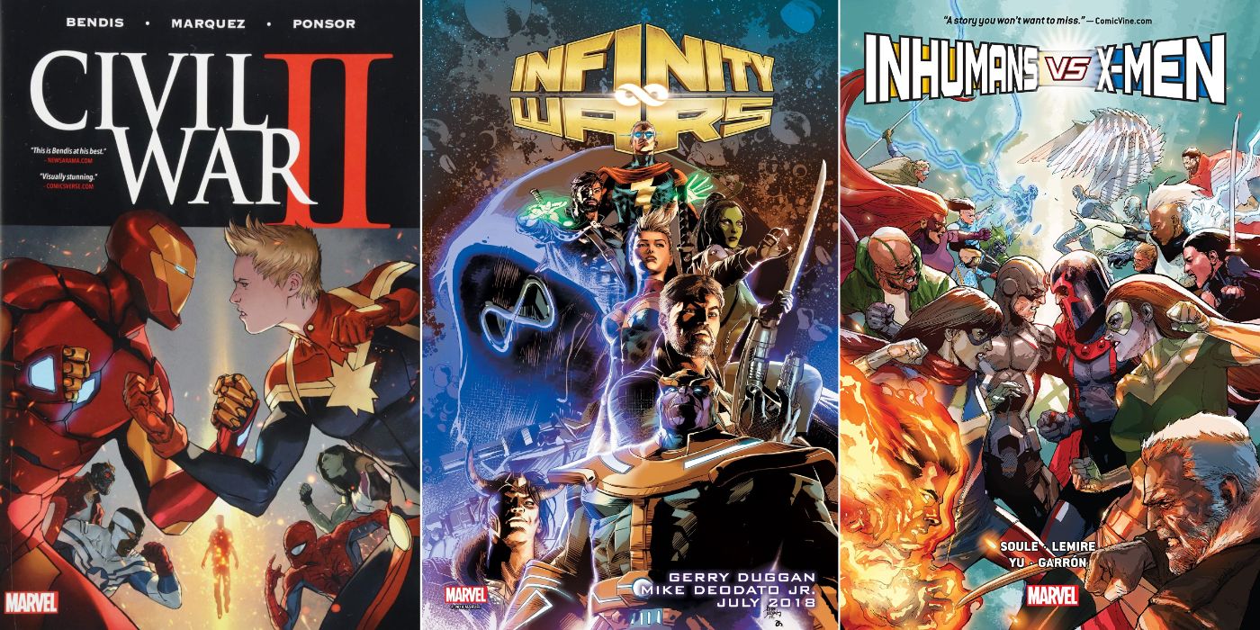 A split image of comic covers for Civil War 2, Infinity Wars, and Inhumans Vs. X-Men by Marvel Comics