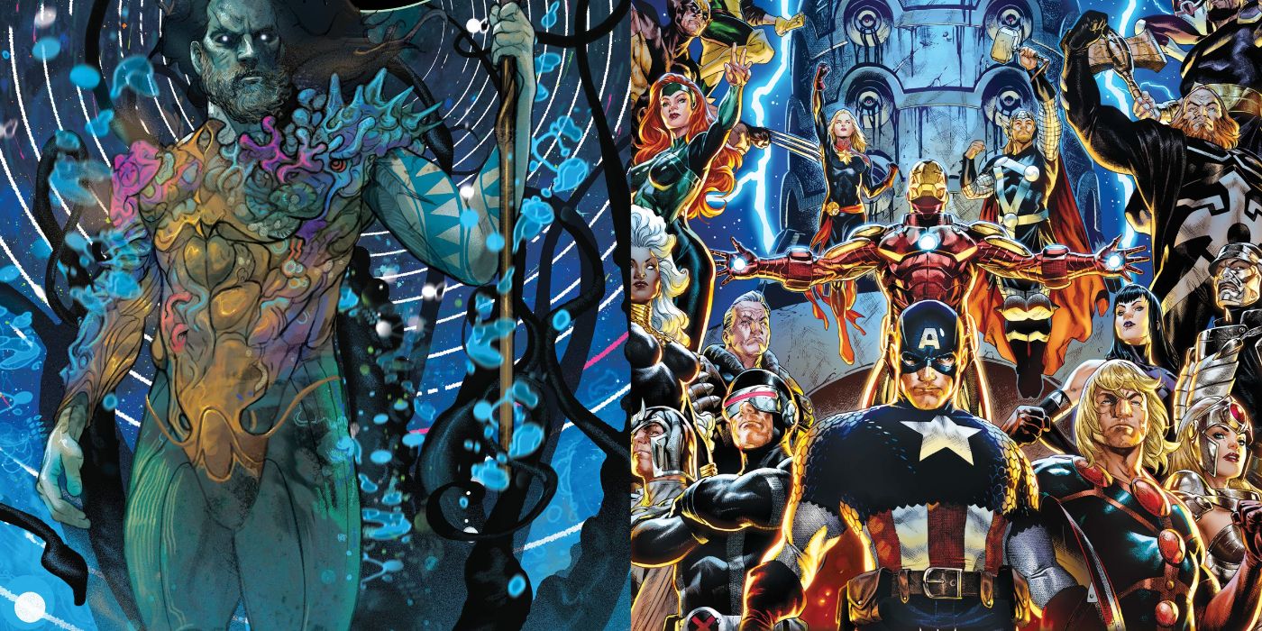 A split image of DC Comics' Aquaman: Andromeda and Marvel Comics' AXE Judgment Day