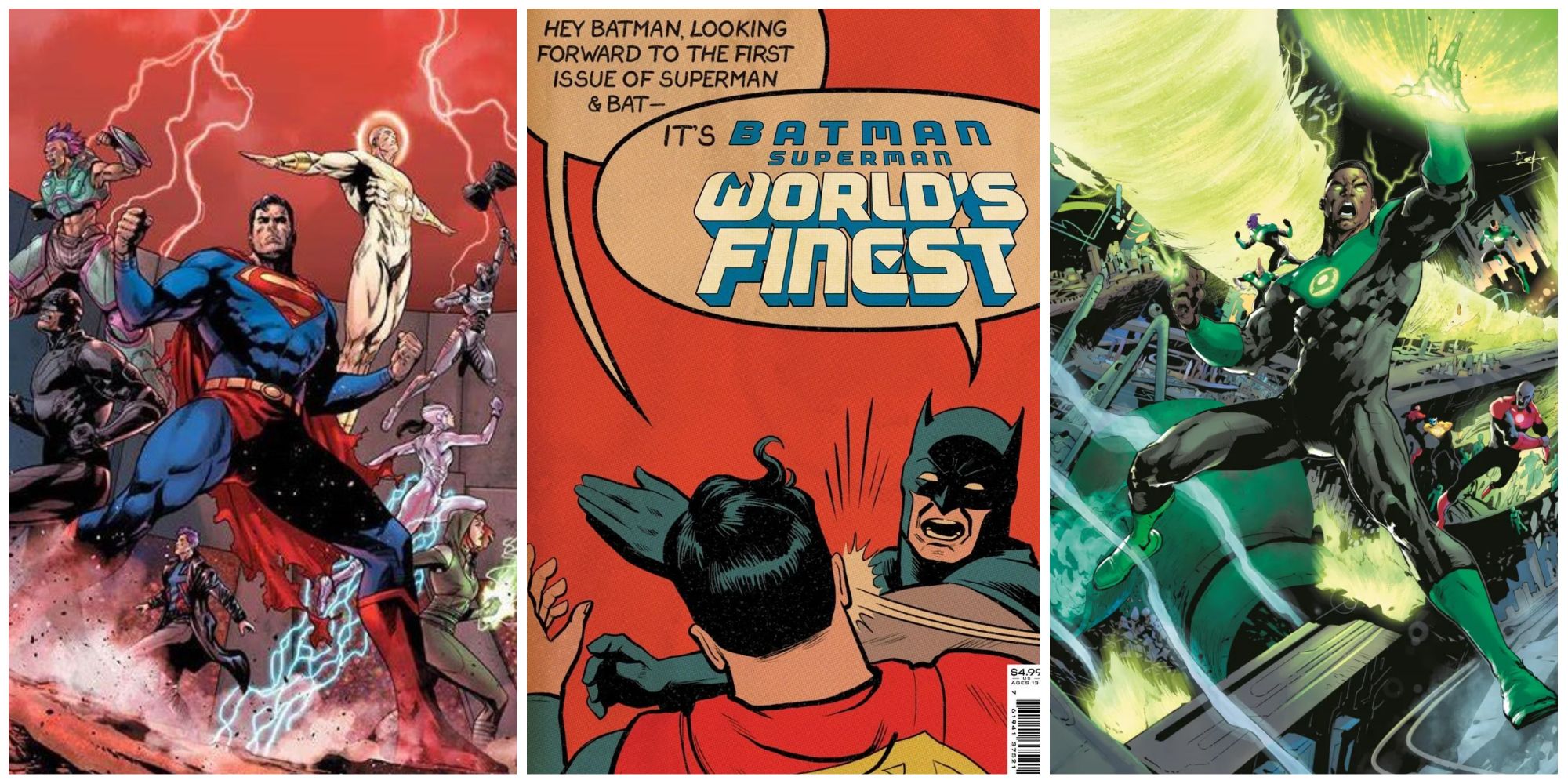 A split image of DC Comics' Warworld Saga, World's Finest, and Green Lantern