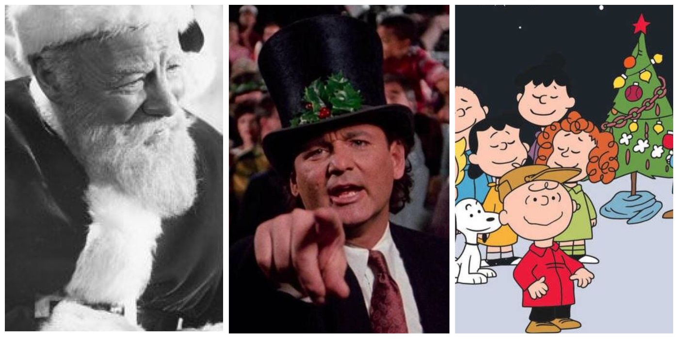 A split image of Kris Kringle from Miracle on 34th Street, Frank from Scrooge, and the cast of A Charlie Brown Christmas