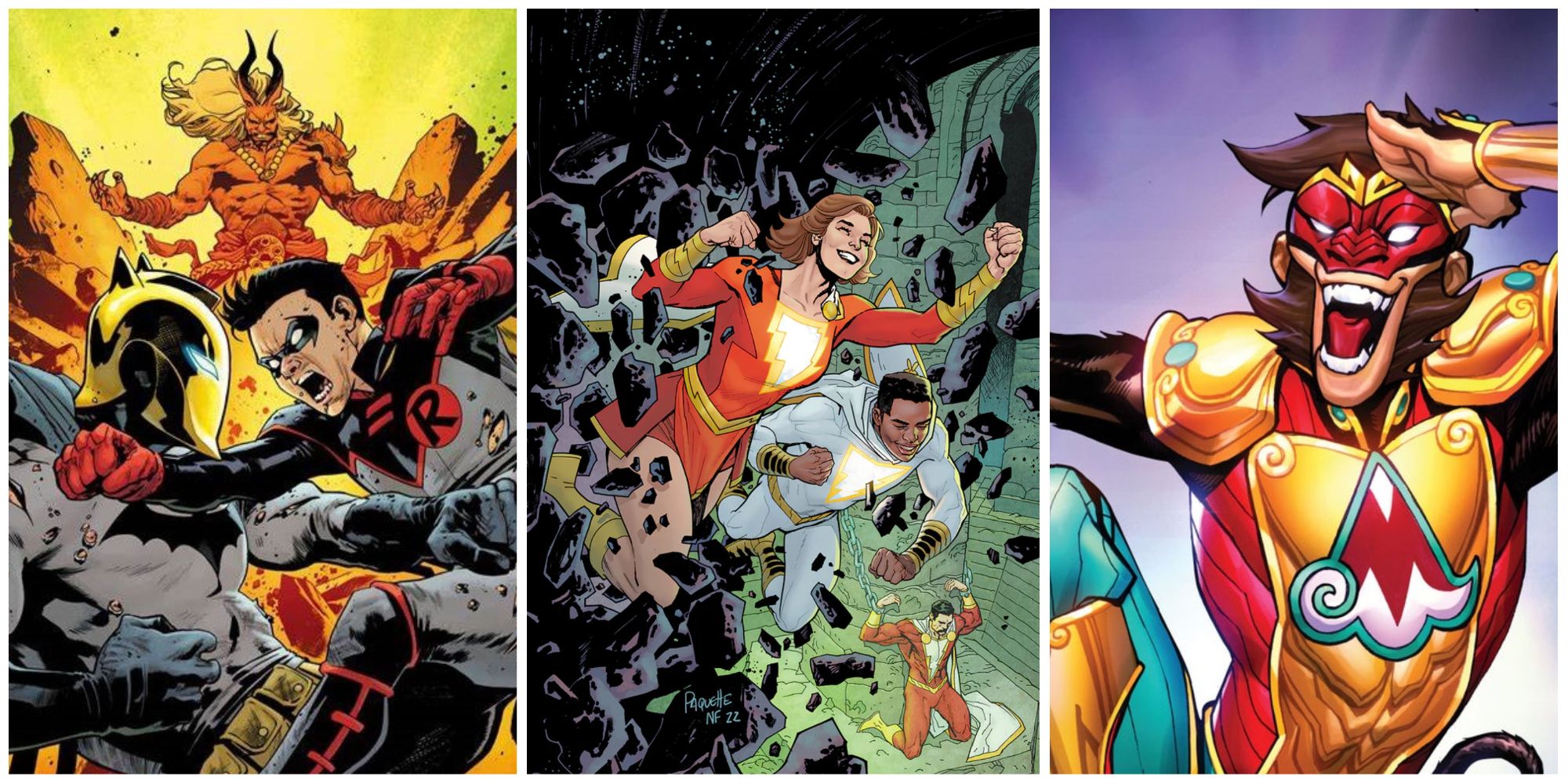 DC Lazarus Planet split image of Robin vs Doctor Fate Batman, Monkey Prince, and Shazam Family