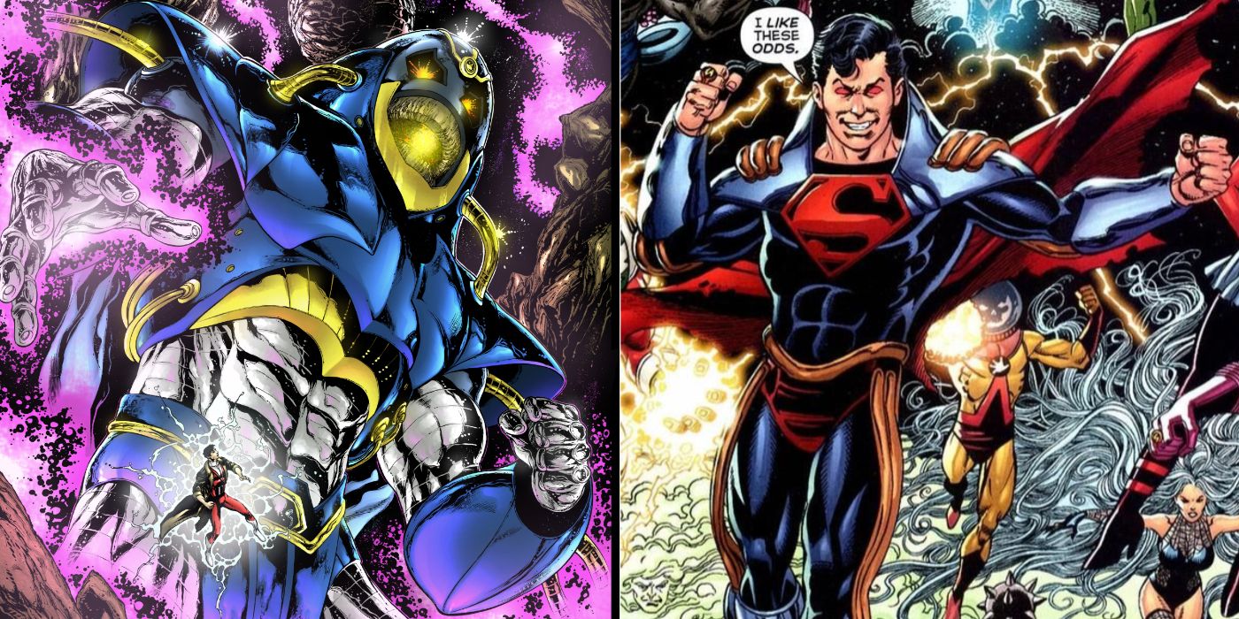 A split image of DC Comics' Anti-Monitor and Superboy-Prime