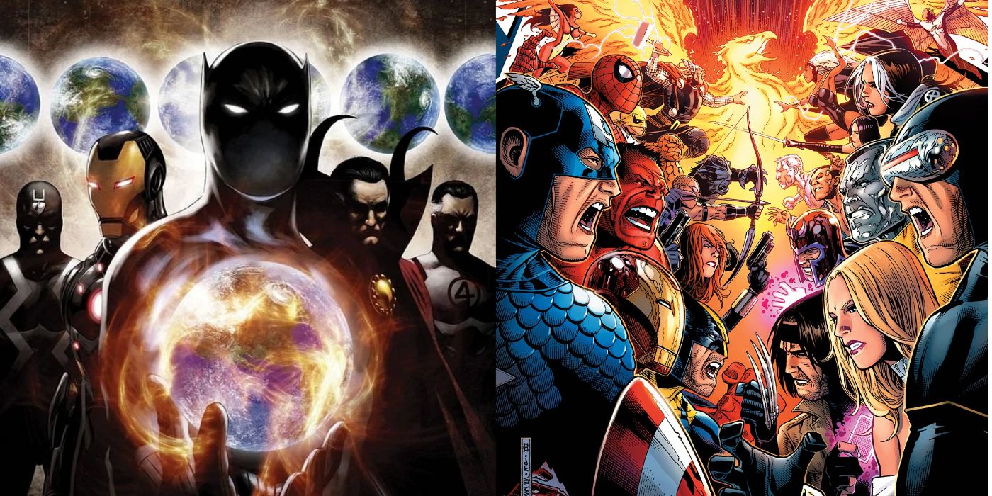 A split image of the Incursions era Illuminati and the Avengers facing off against the X-Men