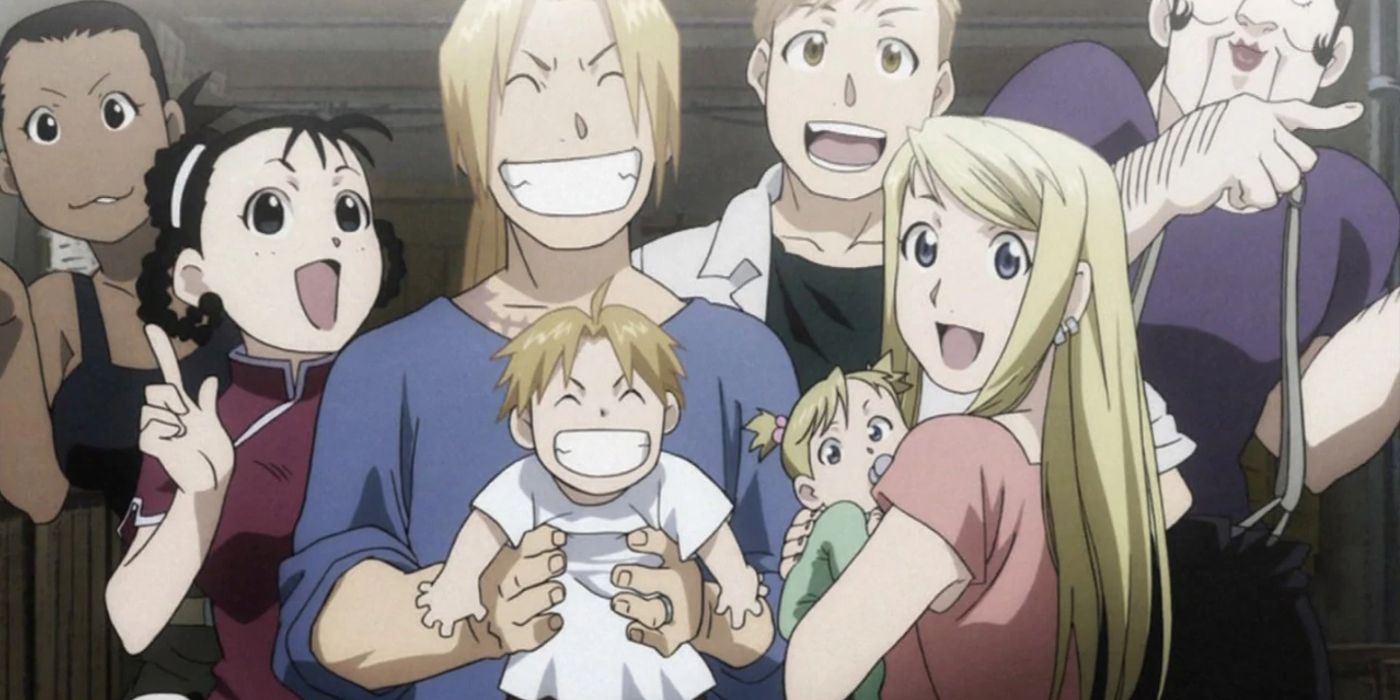 A family photo featuring Mei, Alphonse, Edward, Winry, and Edward and Winry’s two children.from Fullmetal Alchemist: Brotherhood.