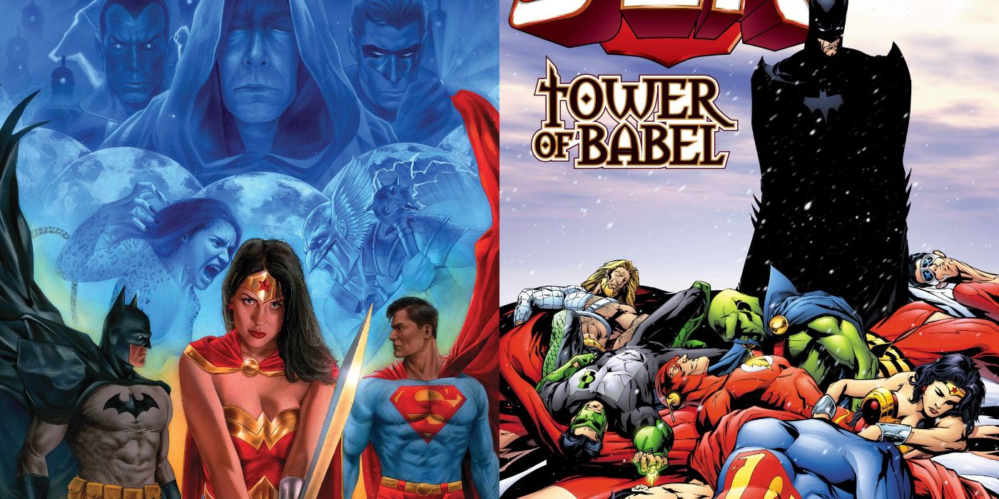 A split image of DC Comics' Dark Crisis On Infinite Earths variant andJLA: Tower Of Babel