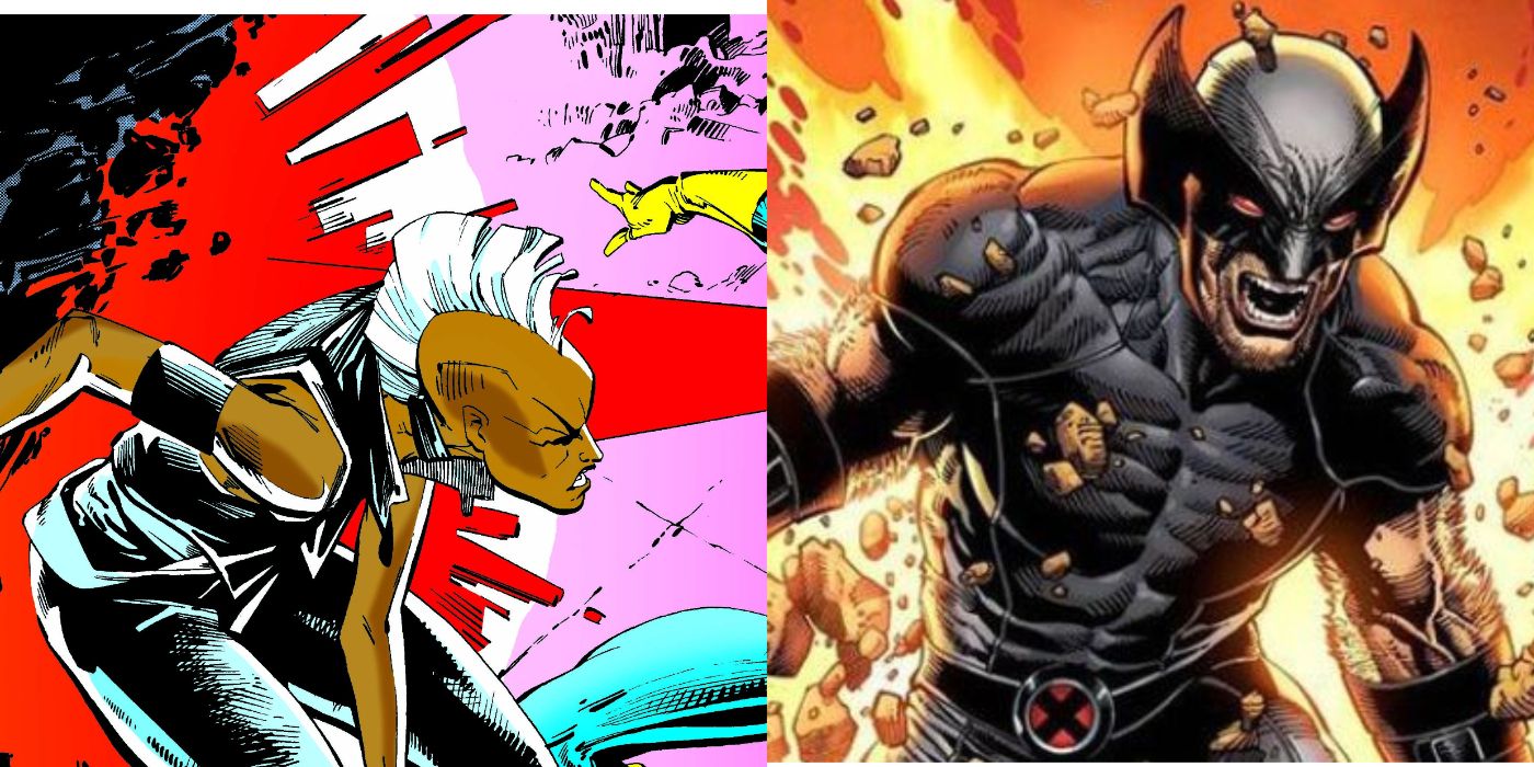A split image of Marvel Comics' Storm in her punk rock costume and Wolverine in his black and grey costume