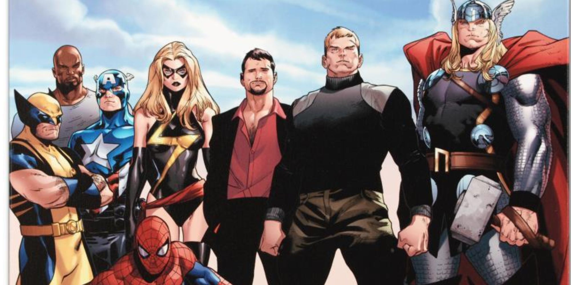 The final shot of Marvel Comics' Siege #4- Wolverine, Carol Danvers, Bucky Cap, Spider-Man, Luke Cage, Tony Stark, Steve Rogers, and Thor looking into the future.