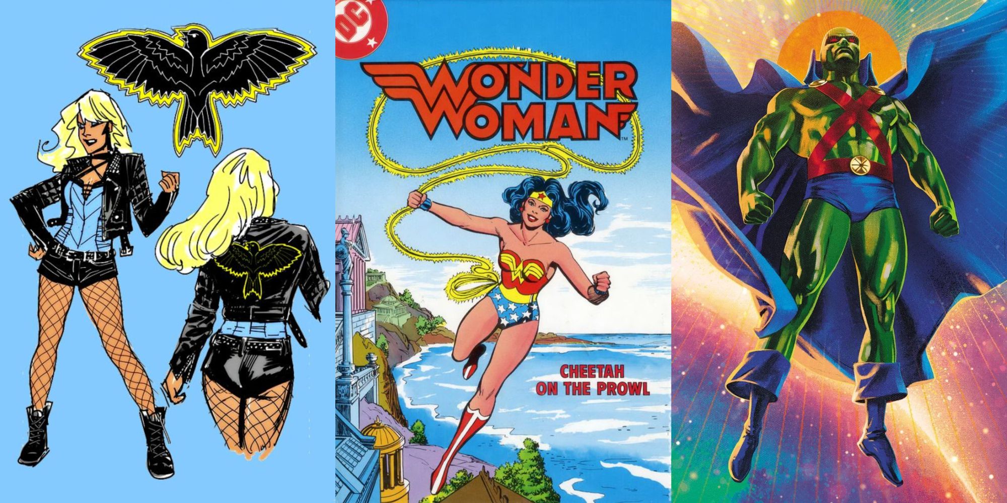 Left to right: Rebirth Black Canary, Silver Age Wonder Woman, and classic Martian Manhunter