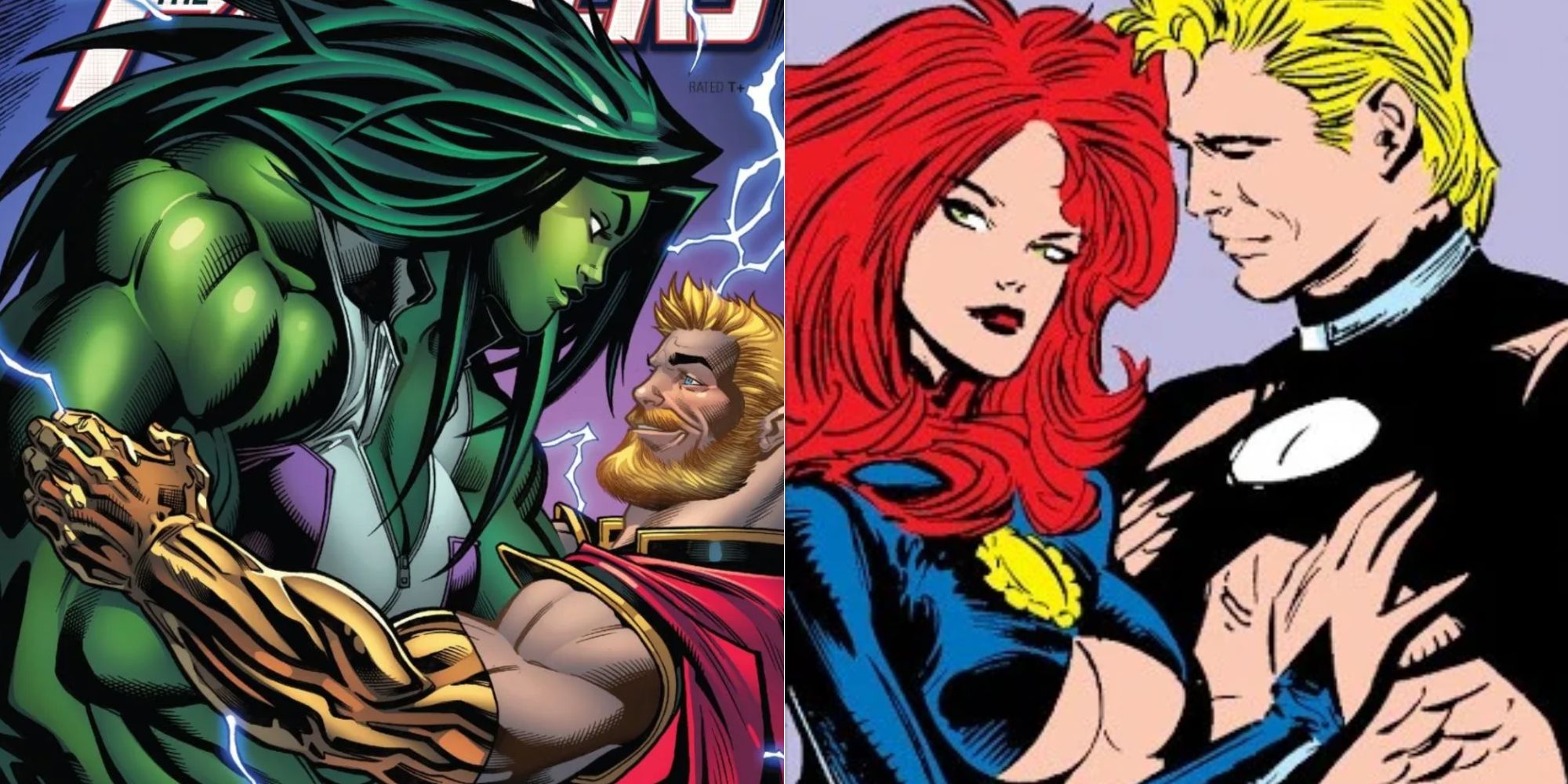 Thor and She-Hulk (left) and Madelyne Pryor and Havok (right)