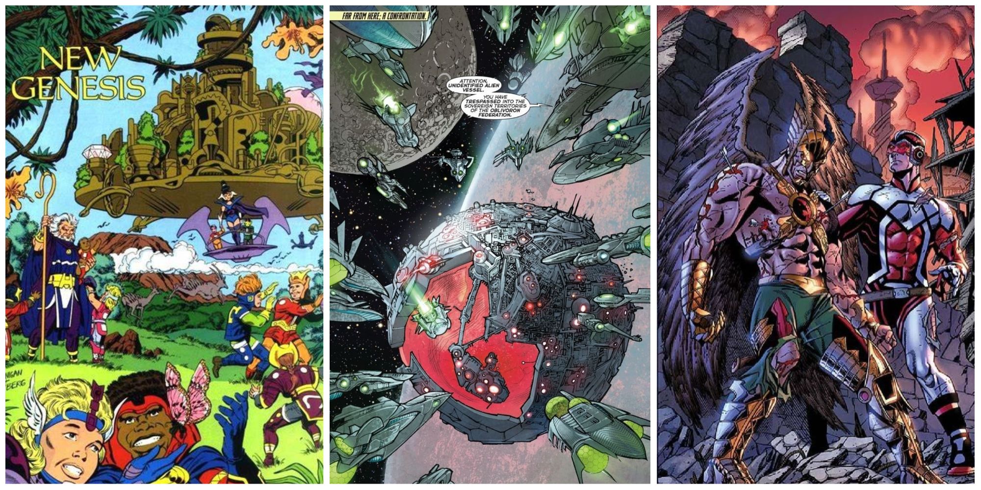 Split image of New Genesis. Warworld,  and Thanagar in DC Comics
