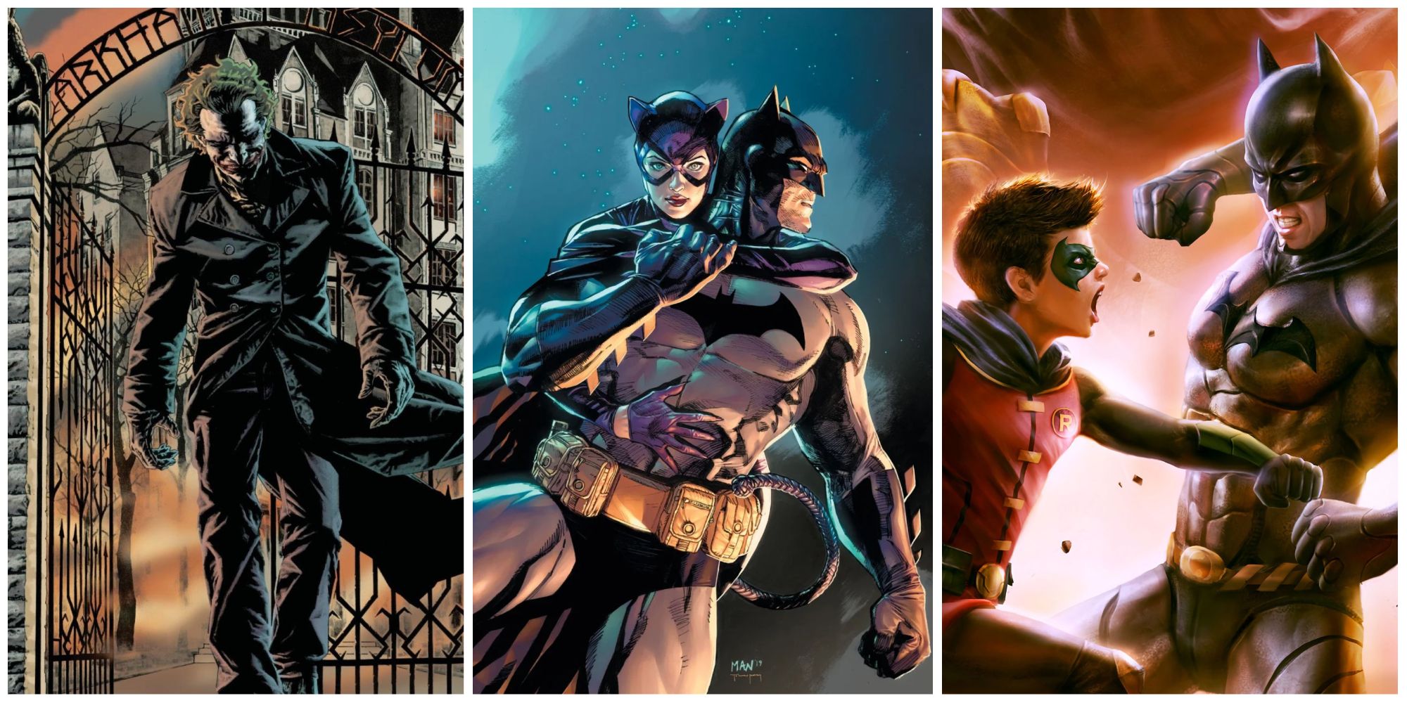 Split image Joker leaving Arkham Asylum - Batman and Catwoman - Batman fighting Robin