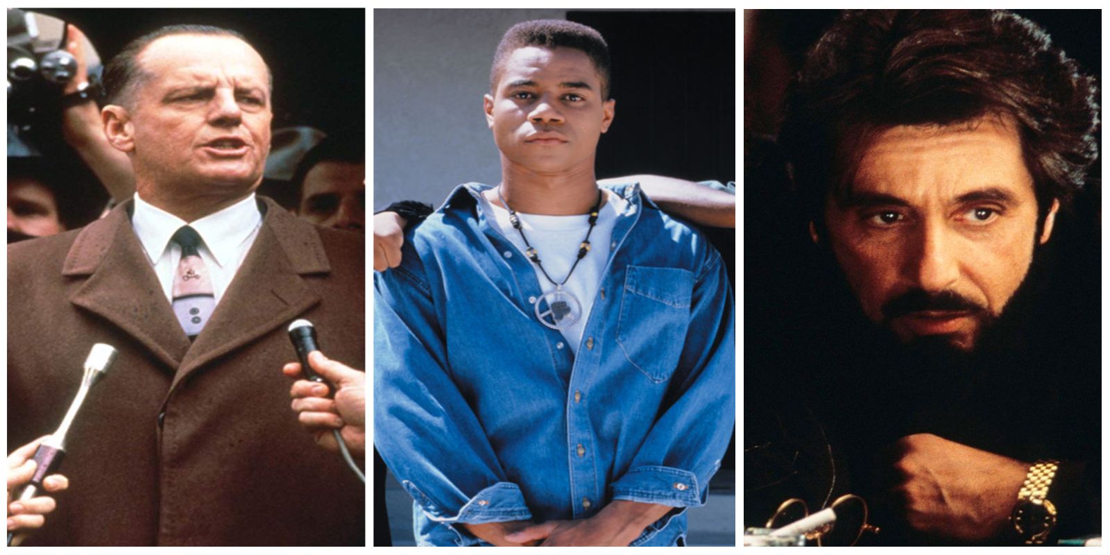 Three screenshots from 90s gangster movies Hoffa, Boys N The Hood and Carlito's Way