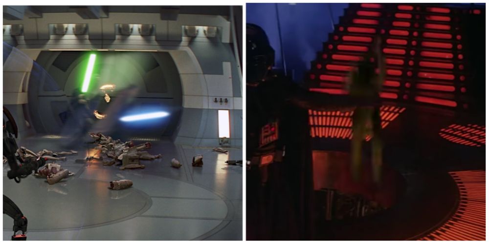 Split-image: Qui-Gonn and Obi-Wan use Force Speed (Phantom Menace), Luke Force Jumps out of the carbonite chamber (Empire Strikes Back)
