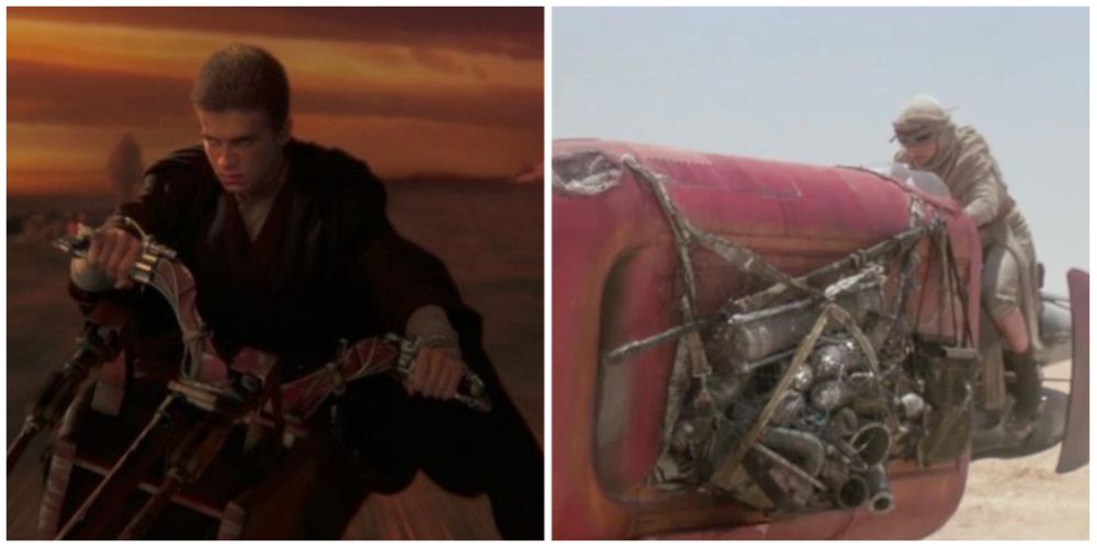 Split-image: Anakin on speeder bike (Attack of the Clones), Rey on speeder bike (The Force Awakens)