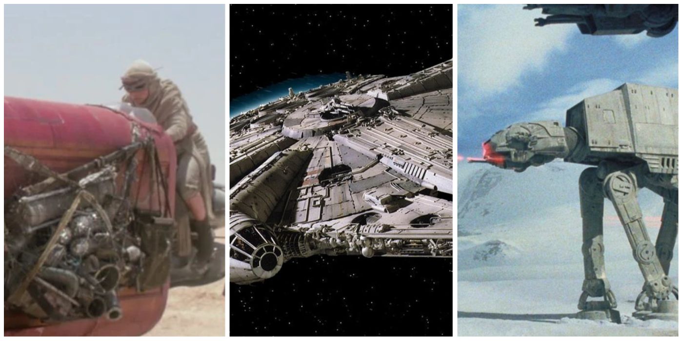 Split-image: Rey on speeder, the Millennium Falcon, AT-AT walker