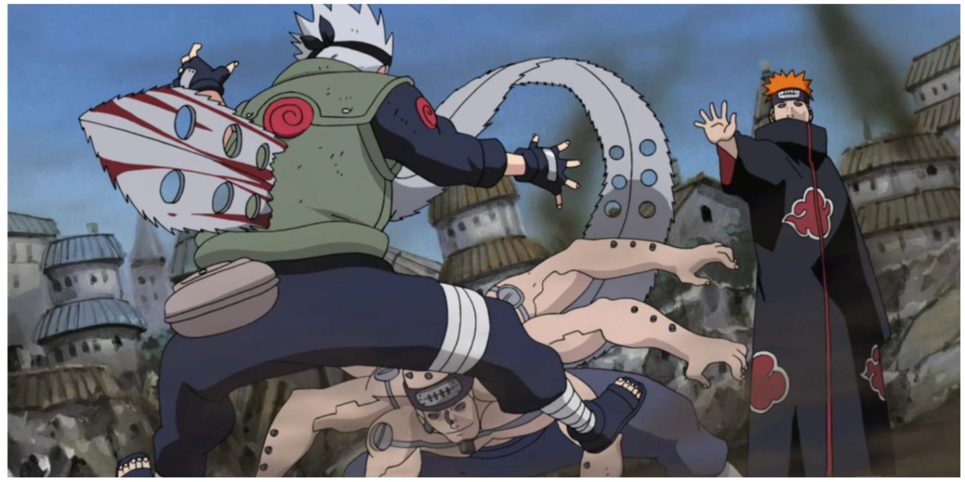 Pain Impaling Kakashi's Clone With One Of His Bodies