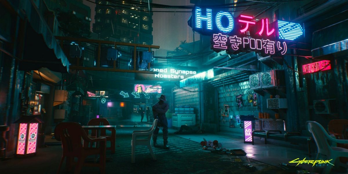 A city street at night in Cyberpunk 2077