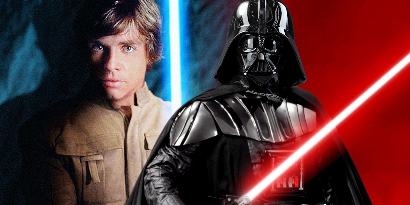 A side by side of Luke Skywalker and Darth Vader holding lightsabers