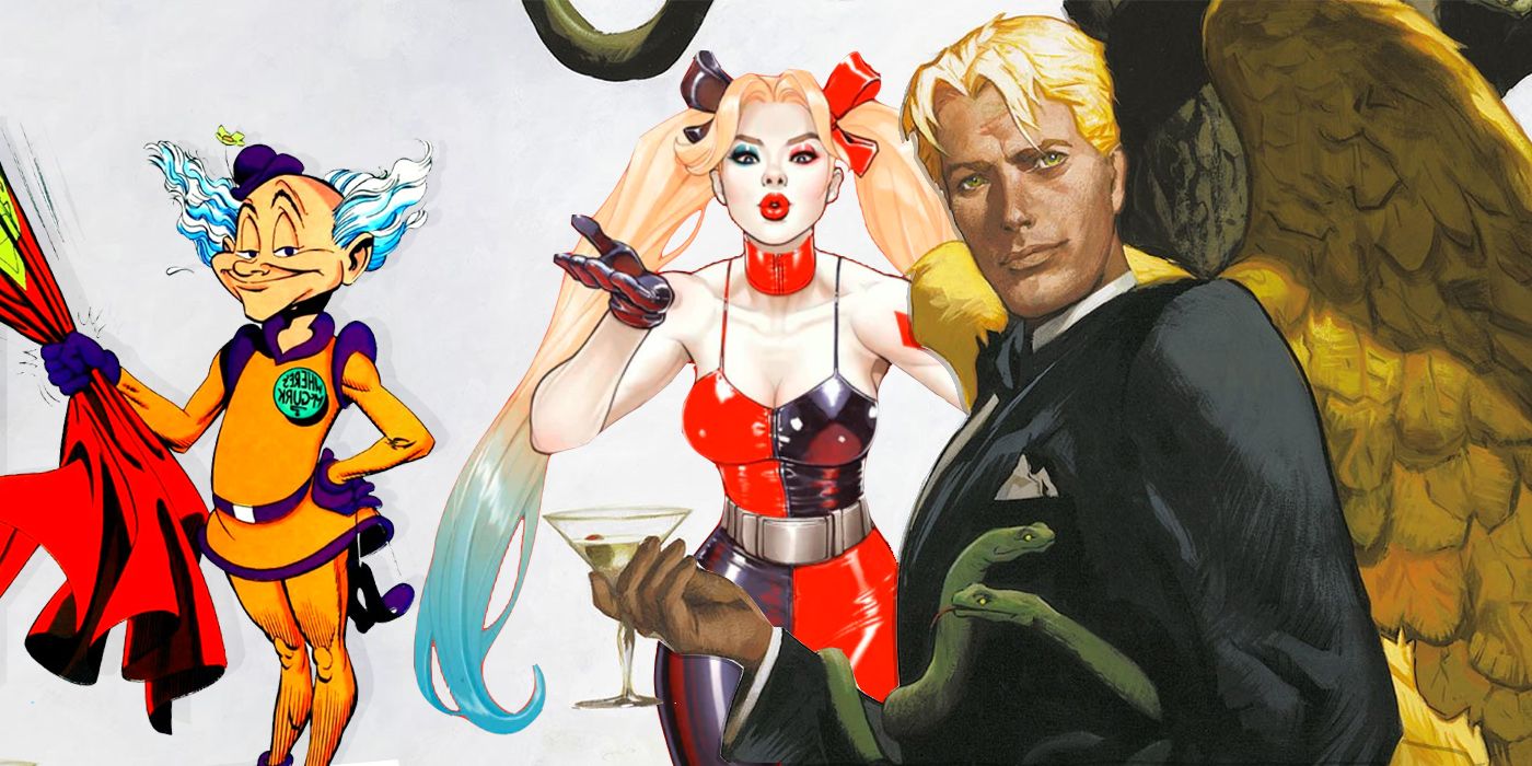 split image of Mister Mxyzptlk, Harley Quinn and Lucifer from DC Comics