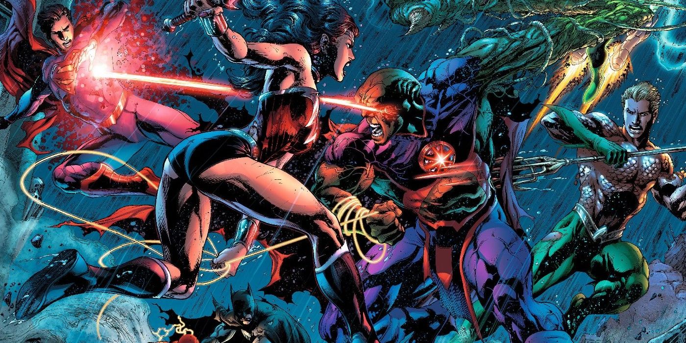 DC Comics' New 52 Martian Manhunter fighting Wonder Woman, Superman, Aquaman, and Batman