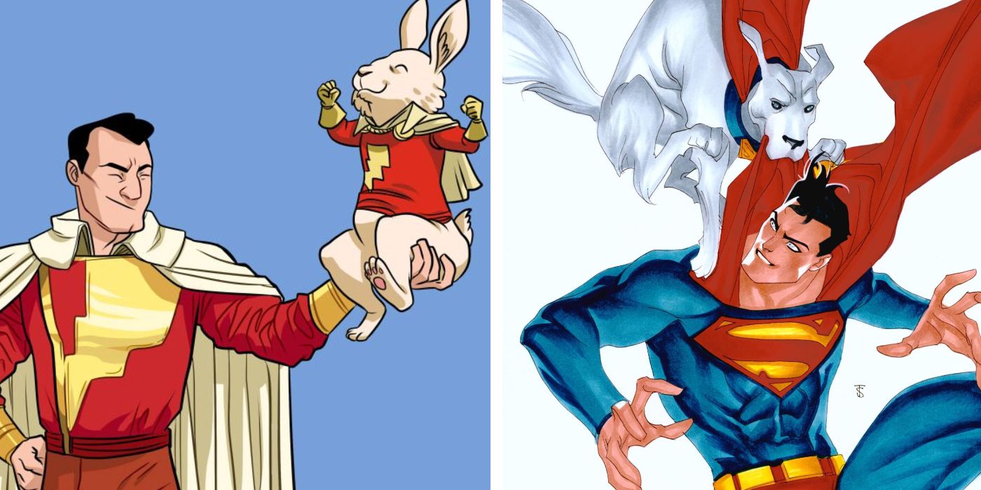 Split image showing Shazam and Superman with their super pets in DC Comics