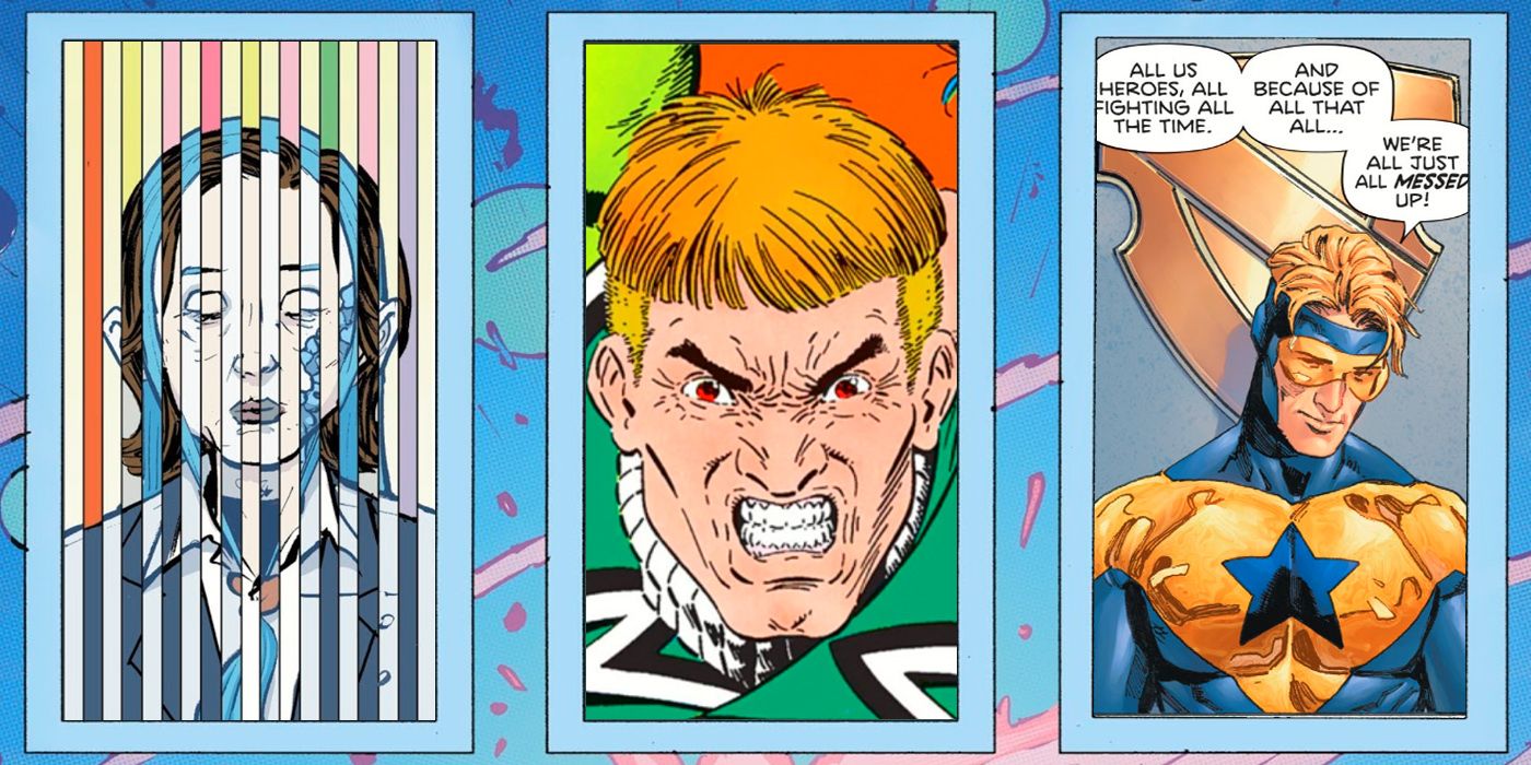 A collage of Eternity Girl, Guy Gardner, and Booster Gold in DC Comics