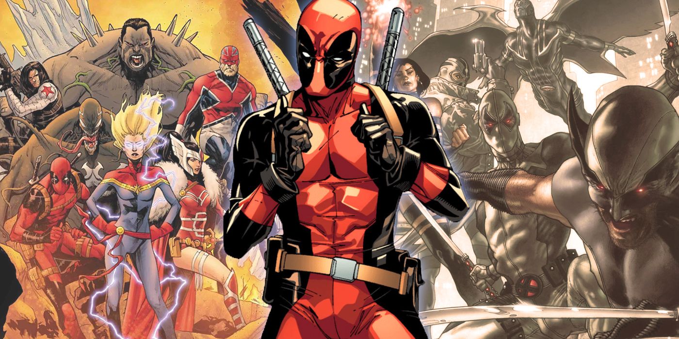 Deadpool com os Vingadores de Guerra e Uncanny X-Force ao fundo