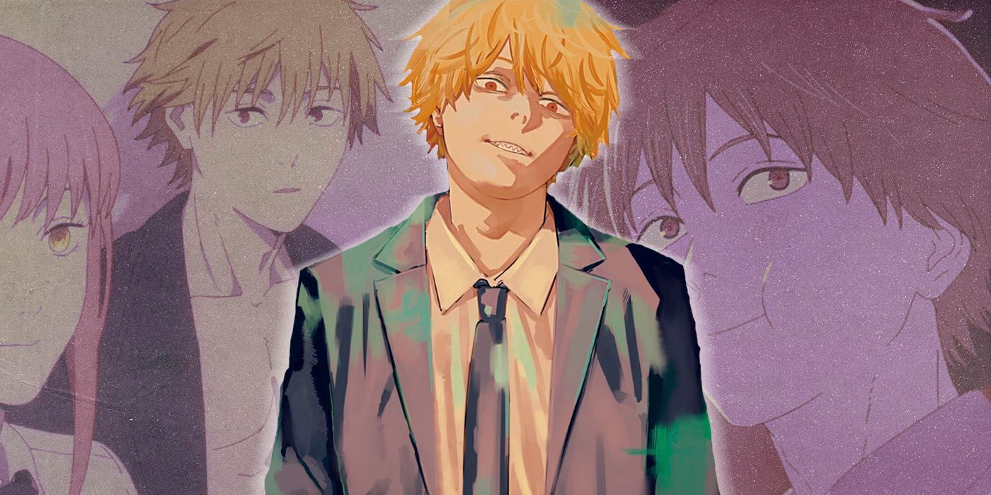 Denji standing in front of a collage featuring Makima and Denji and chewing Denji