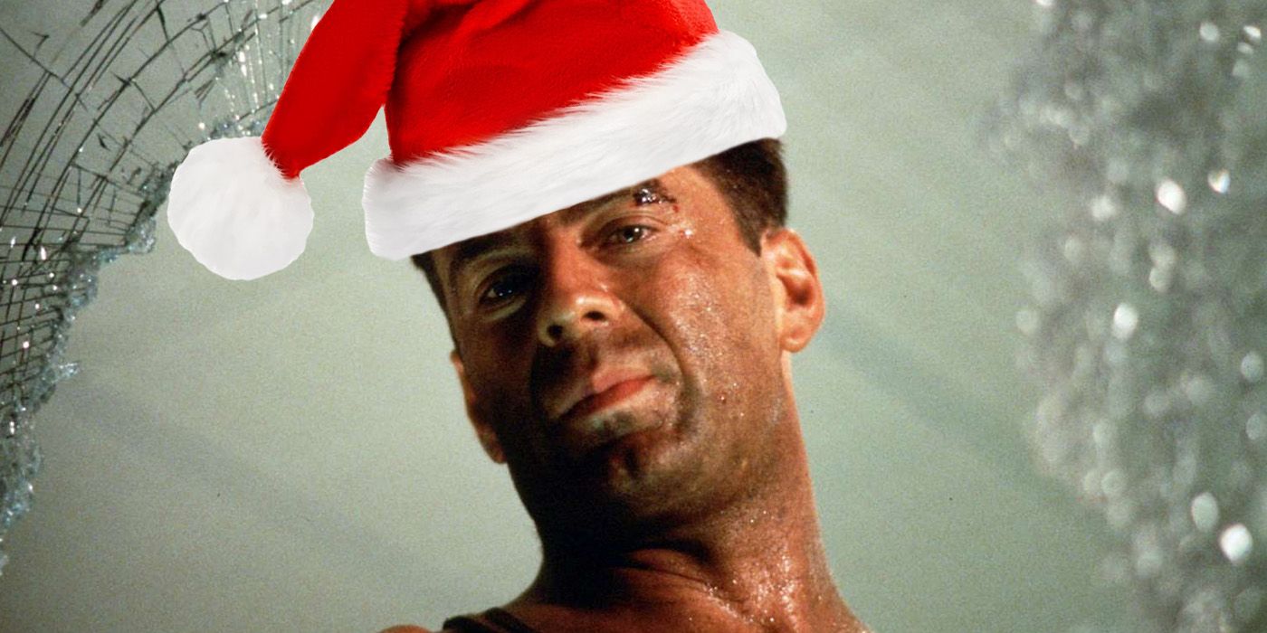 Bruce Willis, do Die Hard, usando um chapéu de Papai Noel.