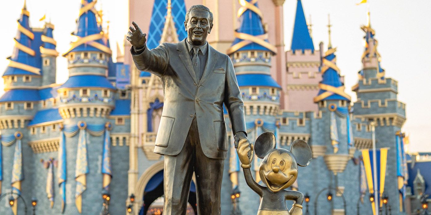 Statue of Walt Disney and Mickey Mouse in front of the Magic Kingdom at Disney World
