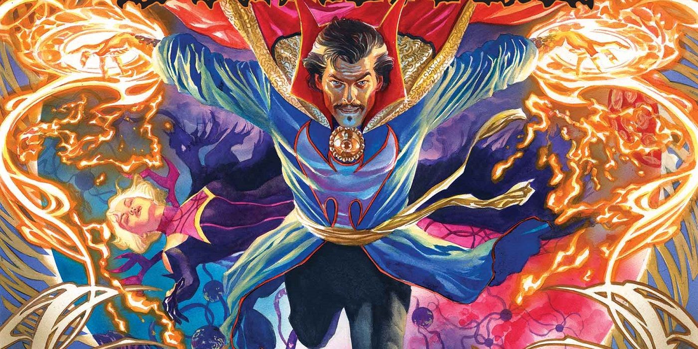 Doctor Strange casting an elaborate spell, Clea in the background, in Marvel Comics.