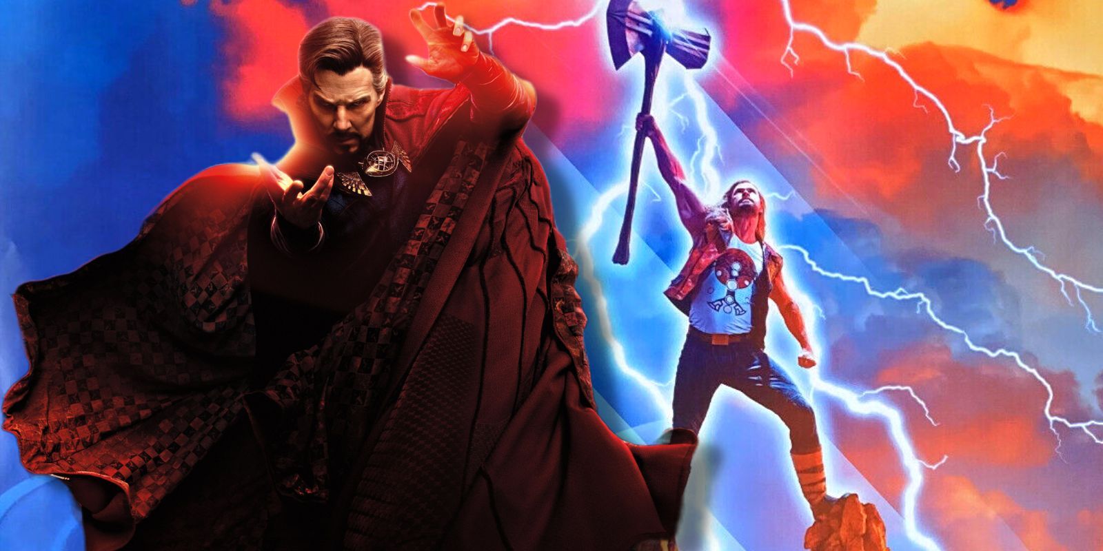Doctor Strange next to Thor raises Stormbreaker into the air