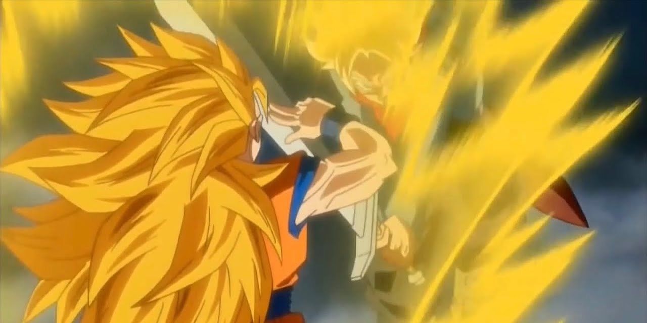 Super Saiyan 3 Goku luta contra Super Saiyan 2 Future Trunks com o dedo em Dragon Ball Super.