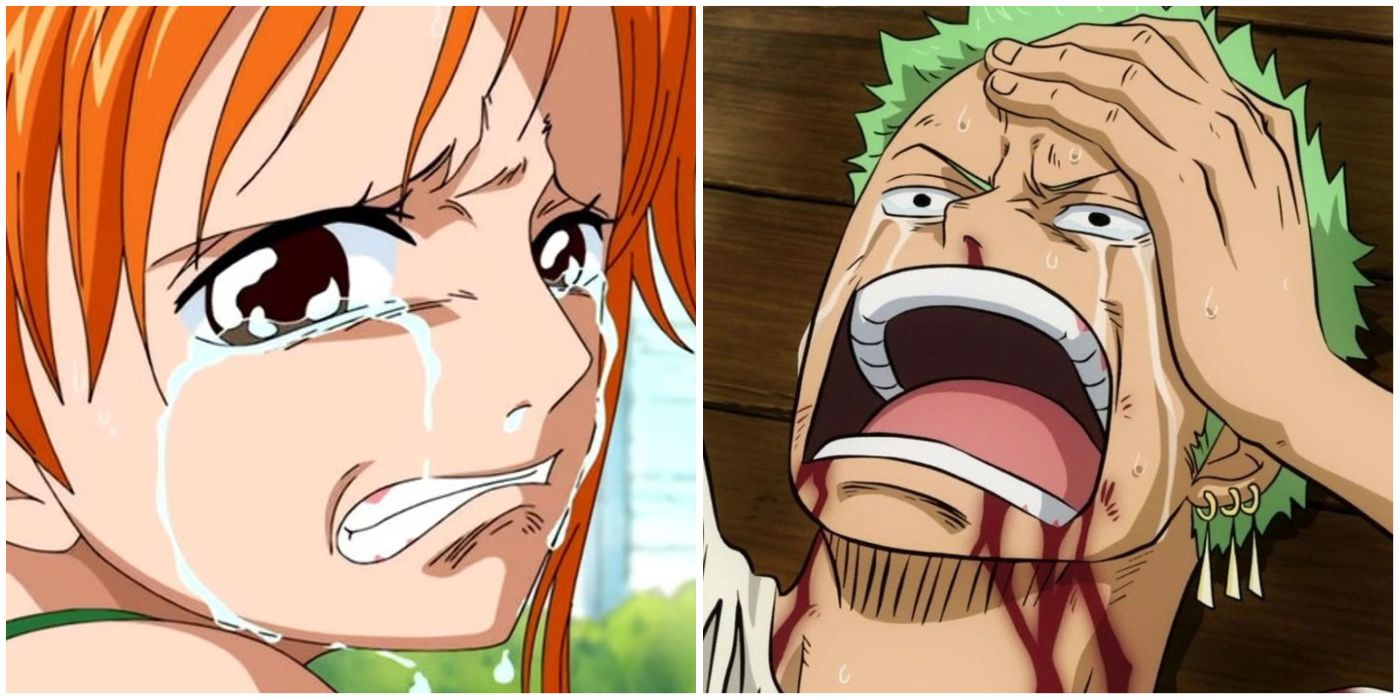 Nami crying after Luffy put his hat on her