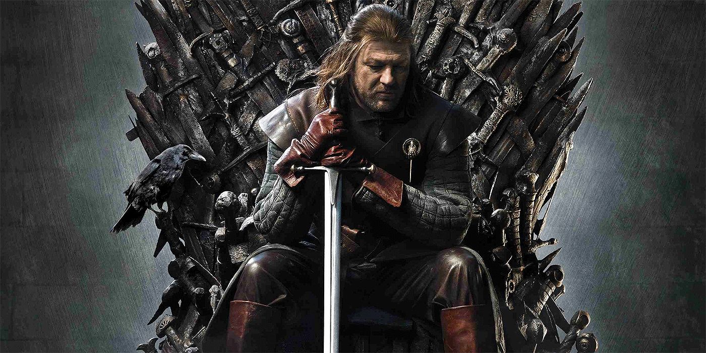 Ned Stark, gripping his sword Ice while sitting on the Iron Throne, in a Game of Thrones poster