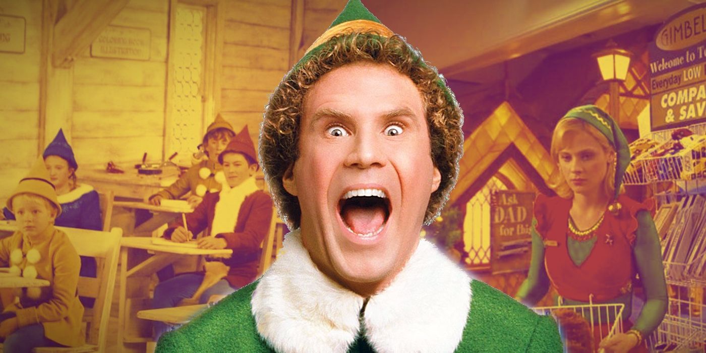 Buddy from Elf screaming against a backdrop of his old classroom and Jovie in Gimbels.