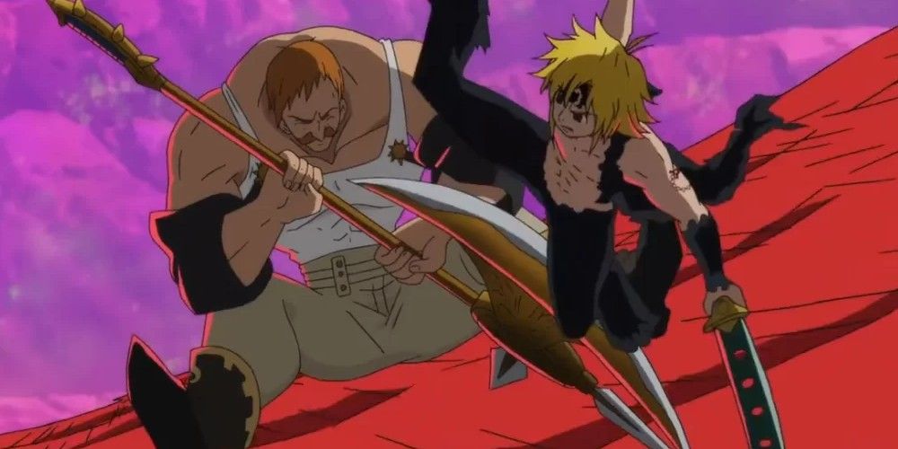 Esconar blocks Meliodas' kick in The Seven Deadly Sins.