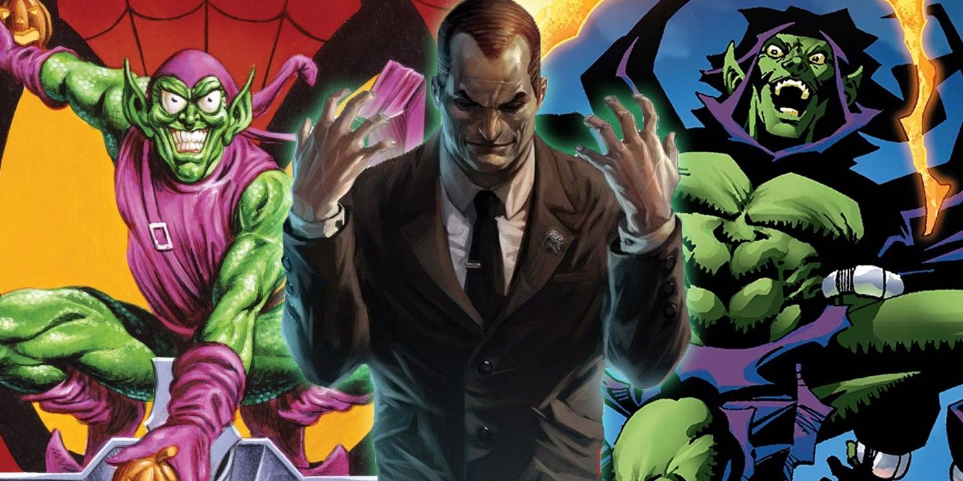 Norman Osborn with Harry Osborn and Phil Urich as Green Goblins behind him in Marvel Comics