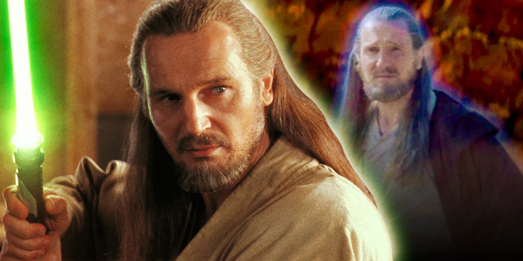 Liam Neeson's Qui-Gon Jinn in front of his Force ghost