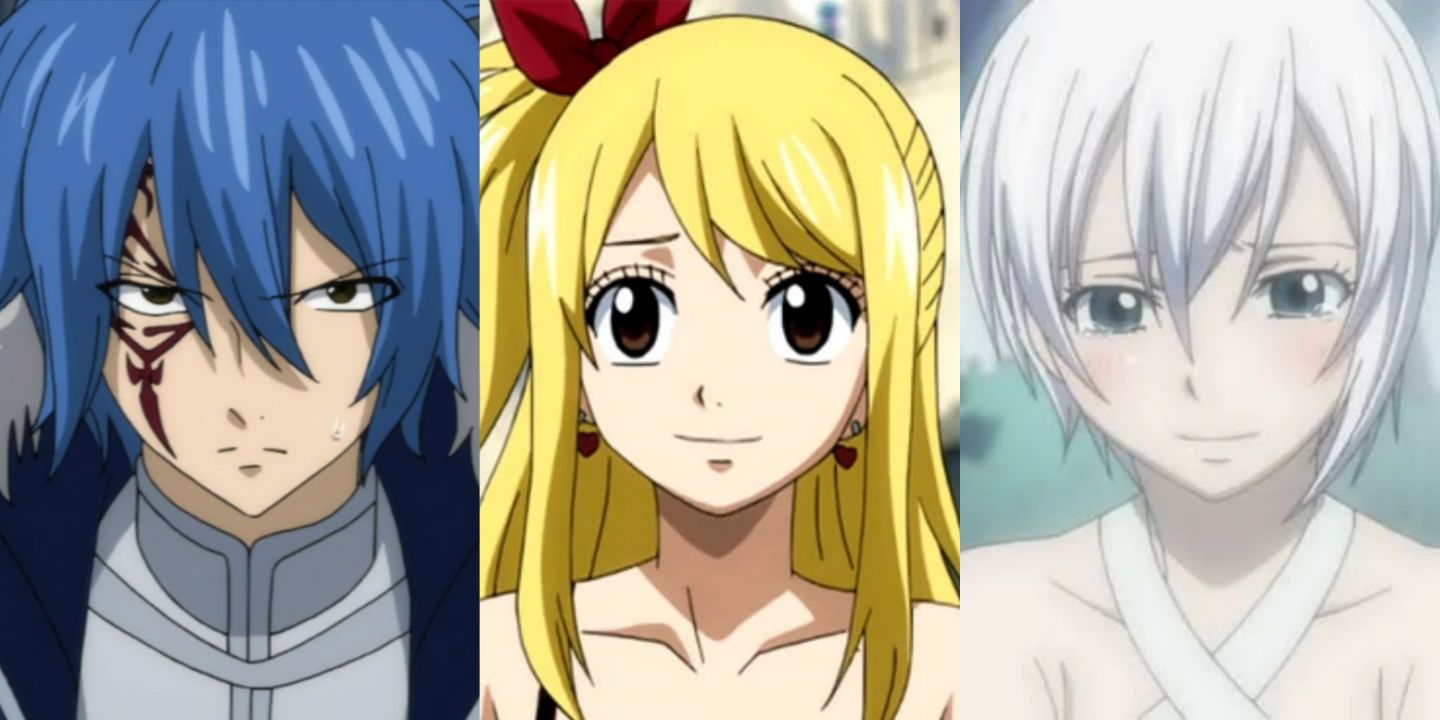 A split image of Jelall, Lucy, and Lisanna from Fairy Tail.