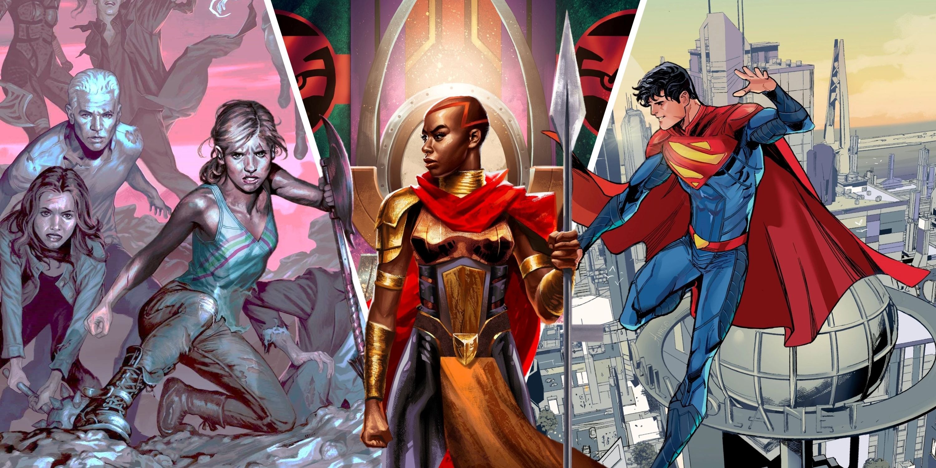 Composite of art from Buffy the Vampire Slayer, Black Panther and Superman comics