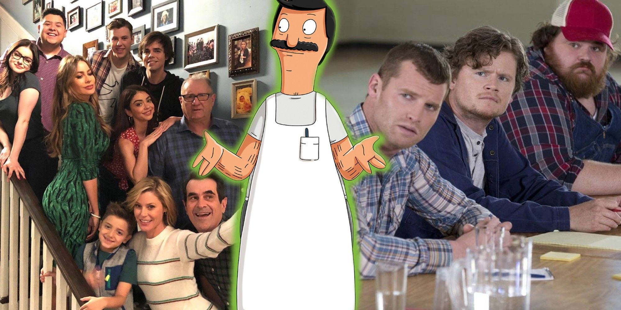 A split image of Modern Family, Bob Belcher from Bob's Burgers, Wayne, Darry, and Dan from Letterkenny