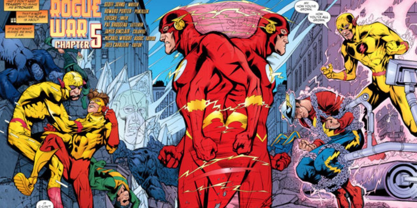 Flashes Barry Allen e Wally West ficam frente a frente e enfrentam os Reverse Flashes que estão no topo de seus aliados e inimigos em Rogue War