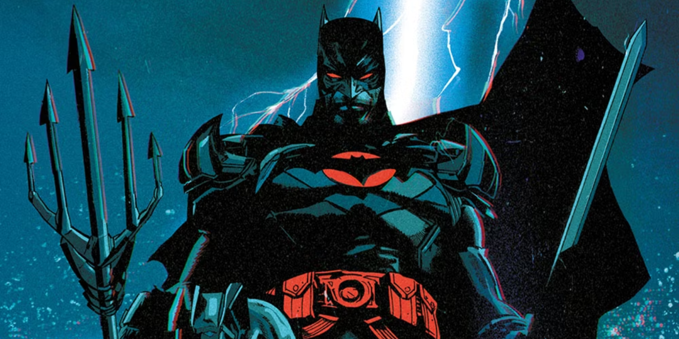 Thomas Wayne as Flashpoint's Batman wielding Aquaman's trident and Wonder Woman's sword.