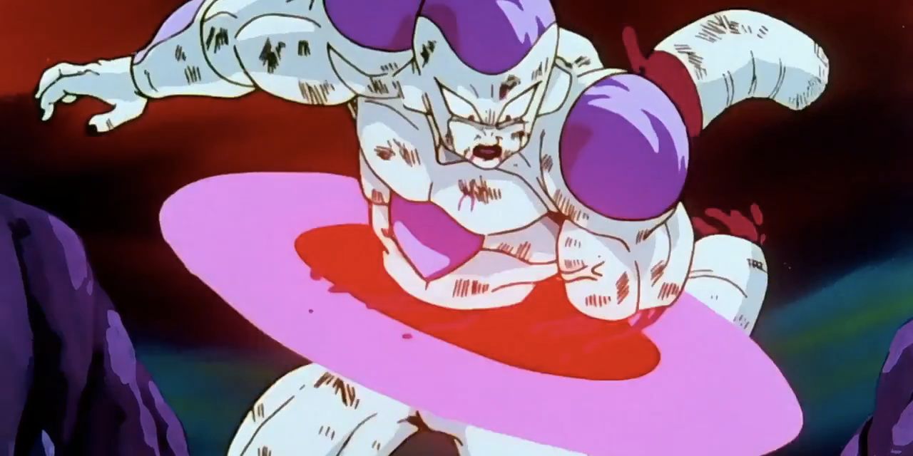 Frieza is split in half by his own energy disc attack in Dragon Ball Z.