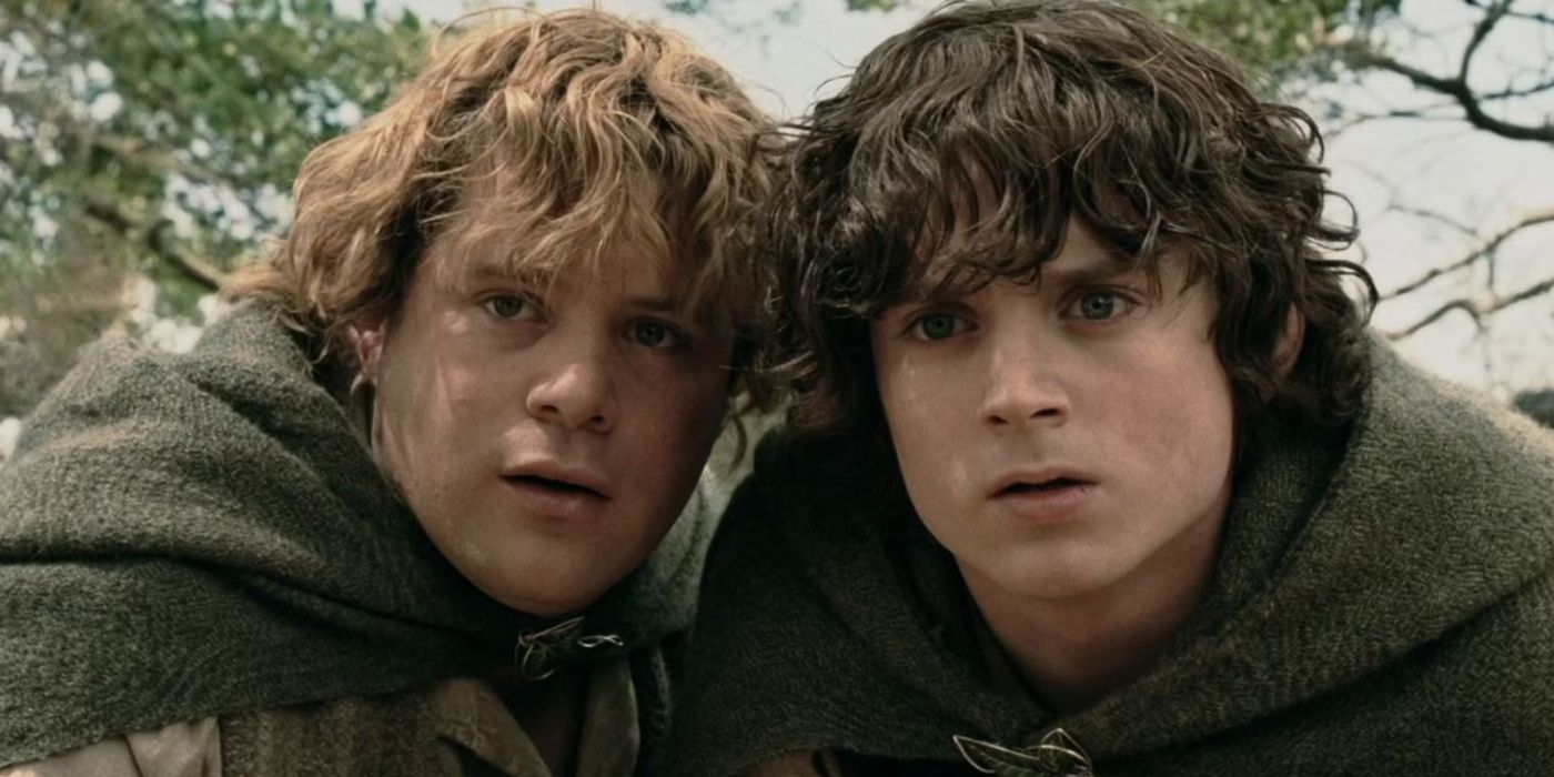 Samwise Gamgee crouching by Frodo Baggins in The Lord of the Rings