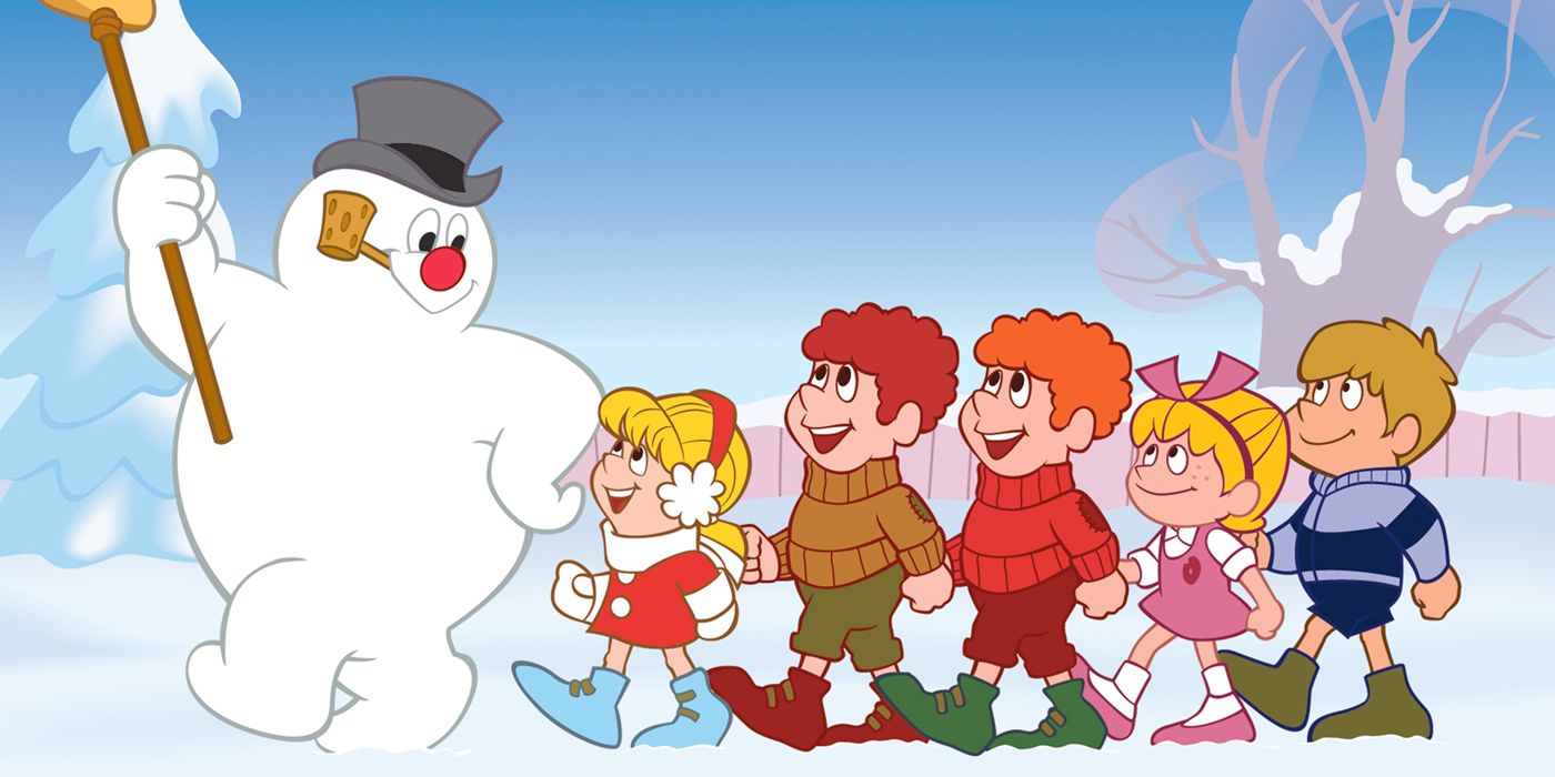 Frosty the Snowman leads a group of children through the snow