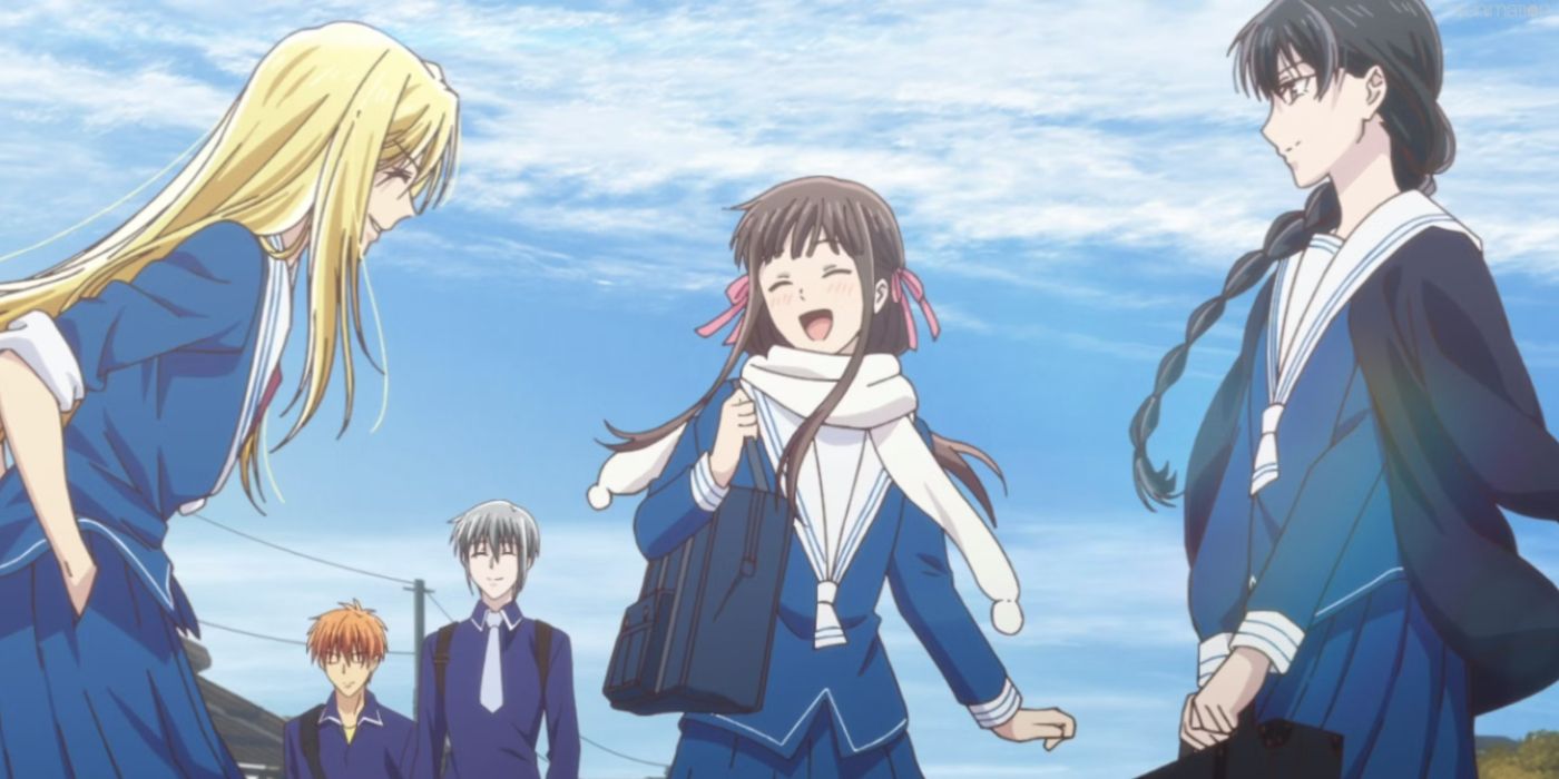 The main cast of Fruits Basket in school uniforms laughing.