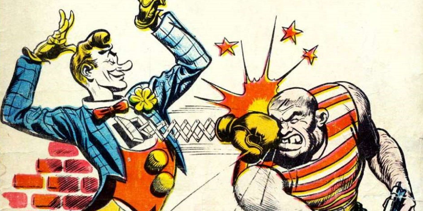 Siegel & Shuster's Funnyman attacking a criminal with a trick boxing glove