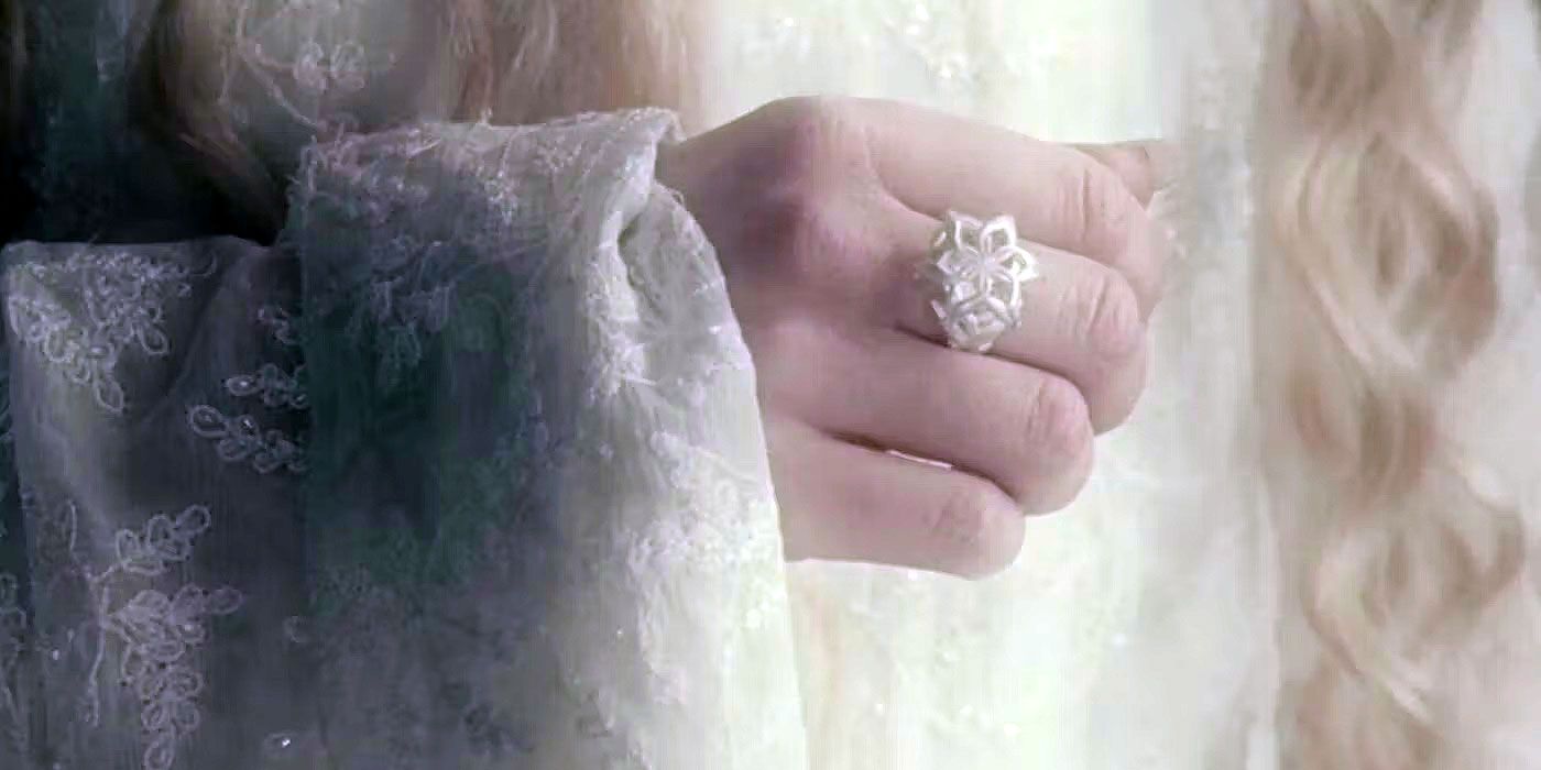 Galadriel wears the Elven Ring of Power, Nenya, in The Lord of the Rings